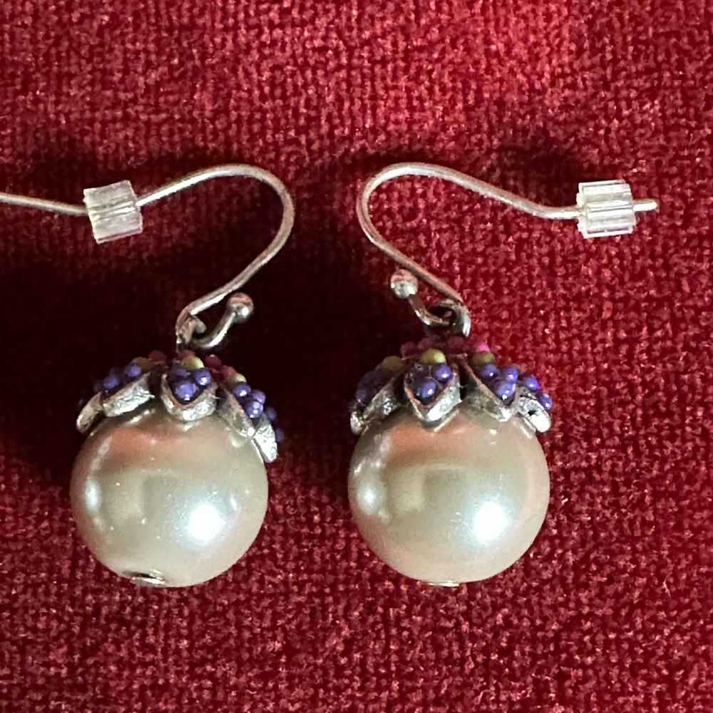 Vintage Pearl Drop Earrings with Purple Floral Accents